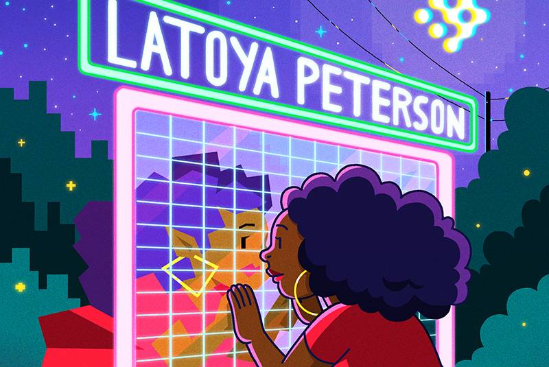 Poster for Latoya Peterson talk featuring woman looking into neon screen with grid