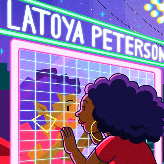 Poster for Latoya Peterson talk featuring woman looking into neon screen with grid