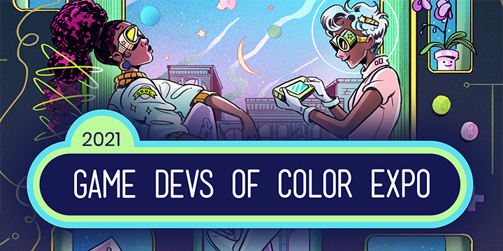 Game Devs of Color promo image featuring Illustration of two cyber punk women using handheld consoles