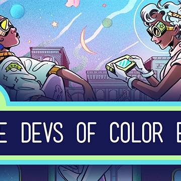 Game Devs of Color promo image featuring Illustration of two cyber punk women using handheld consoles