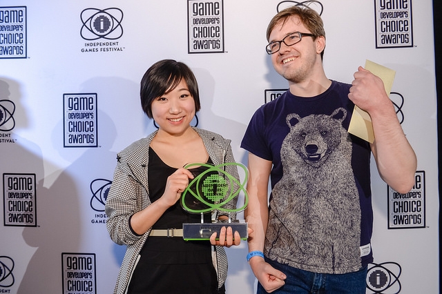 AP Thomson (MFA '15) & Jenny Jiao Hsia (BFA '17) with their Best Student Game IGF Award