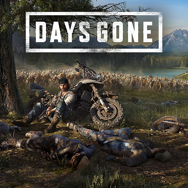 Key art for video game Days Gone featuring guy leaning on motorcycle in the forrest.