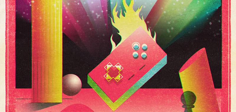 A geometric game controller on fire.