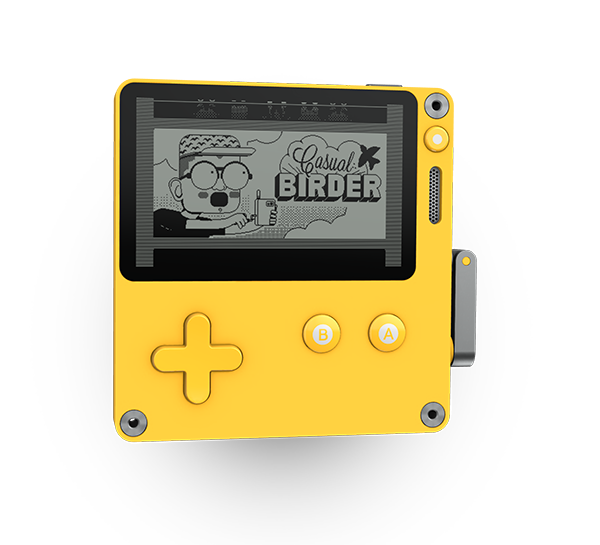 Yellow playdate console with casual birder title screen