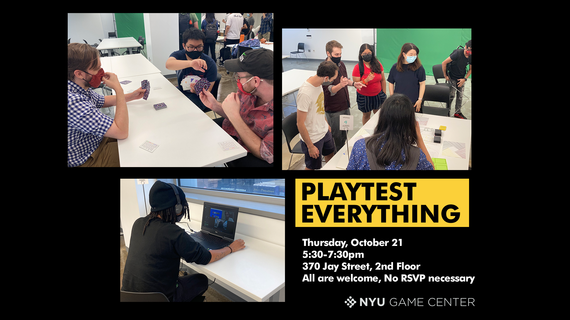 A collage of three photos of students playtesting games. 