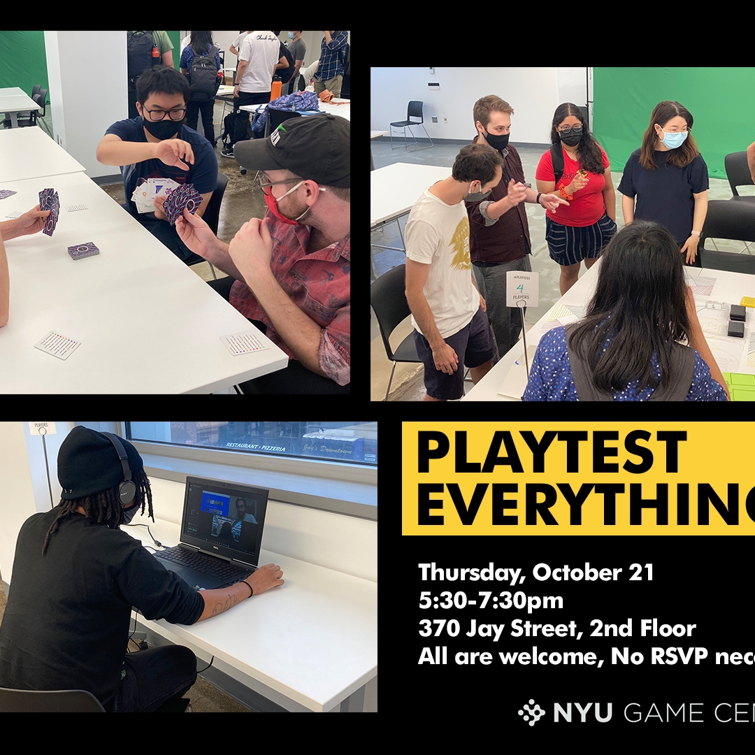 A collage of three photos of students playtesting games. 