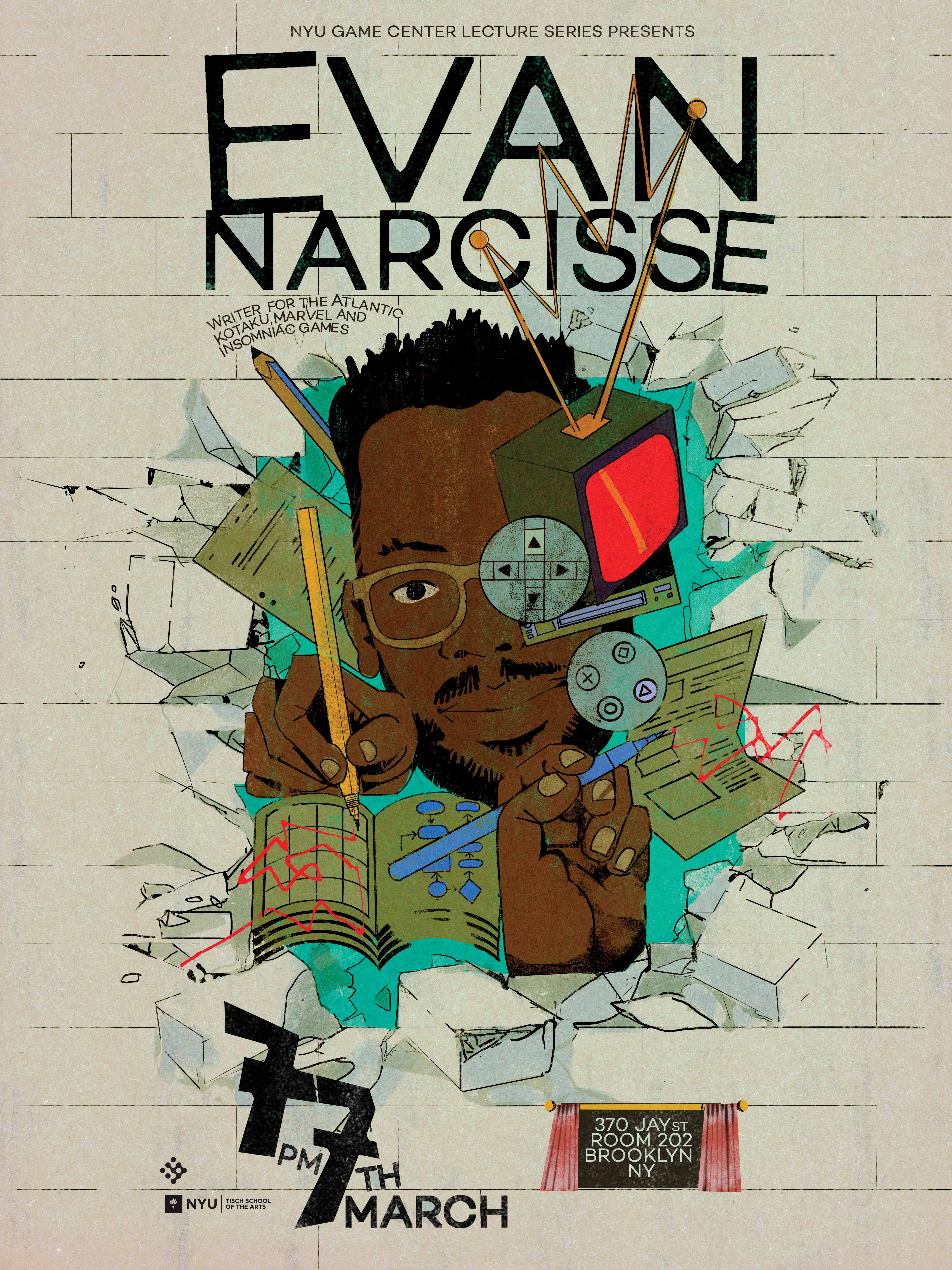 Poster for Evan Narcisse's lecture series talk depicting Narcisse and listing the date of the event.