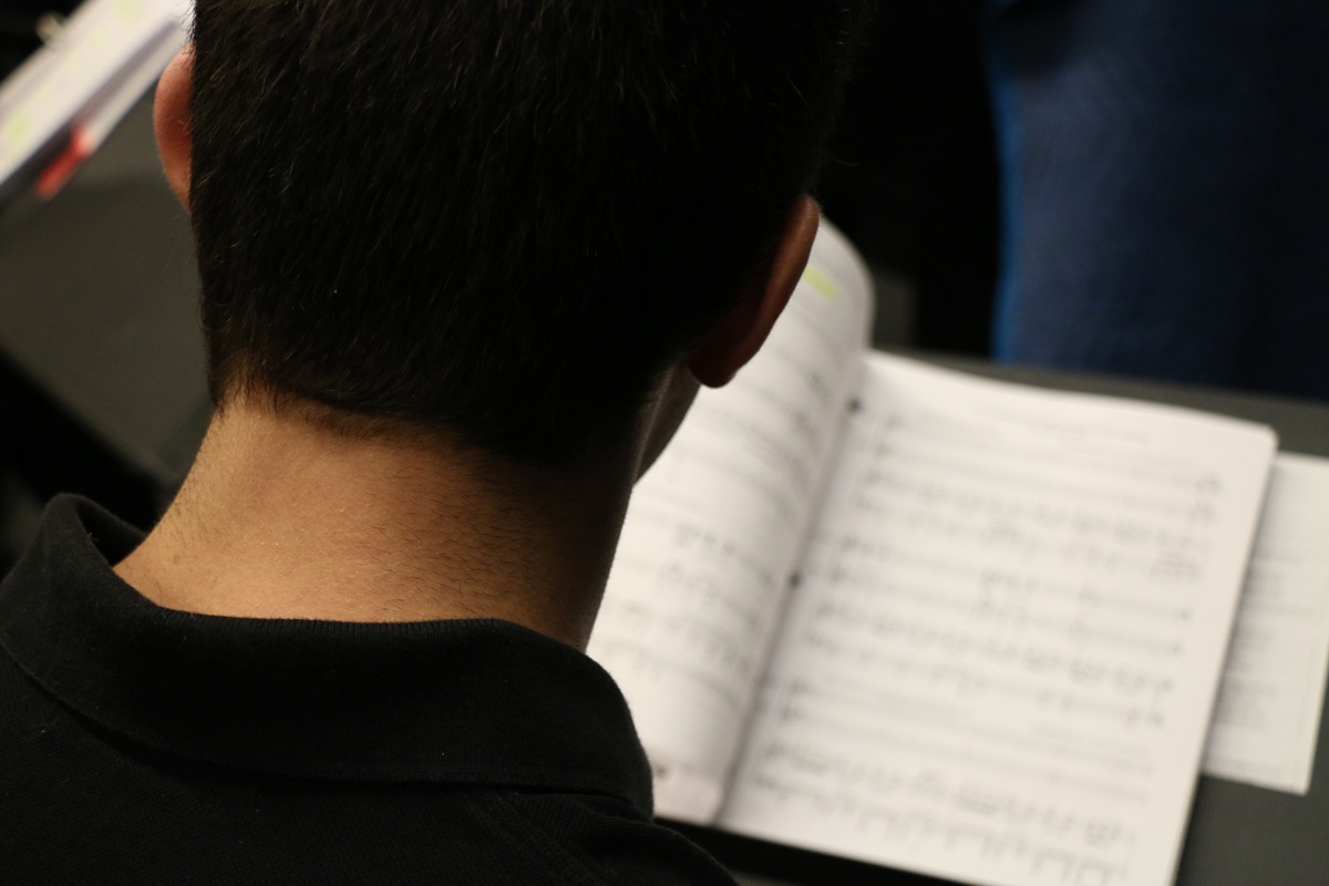 The back o a head of a student look at a book of music