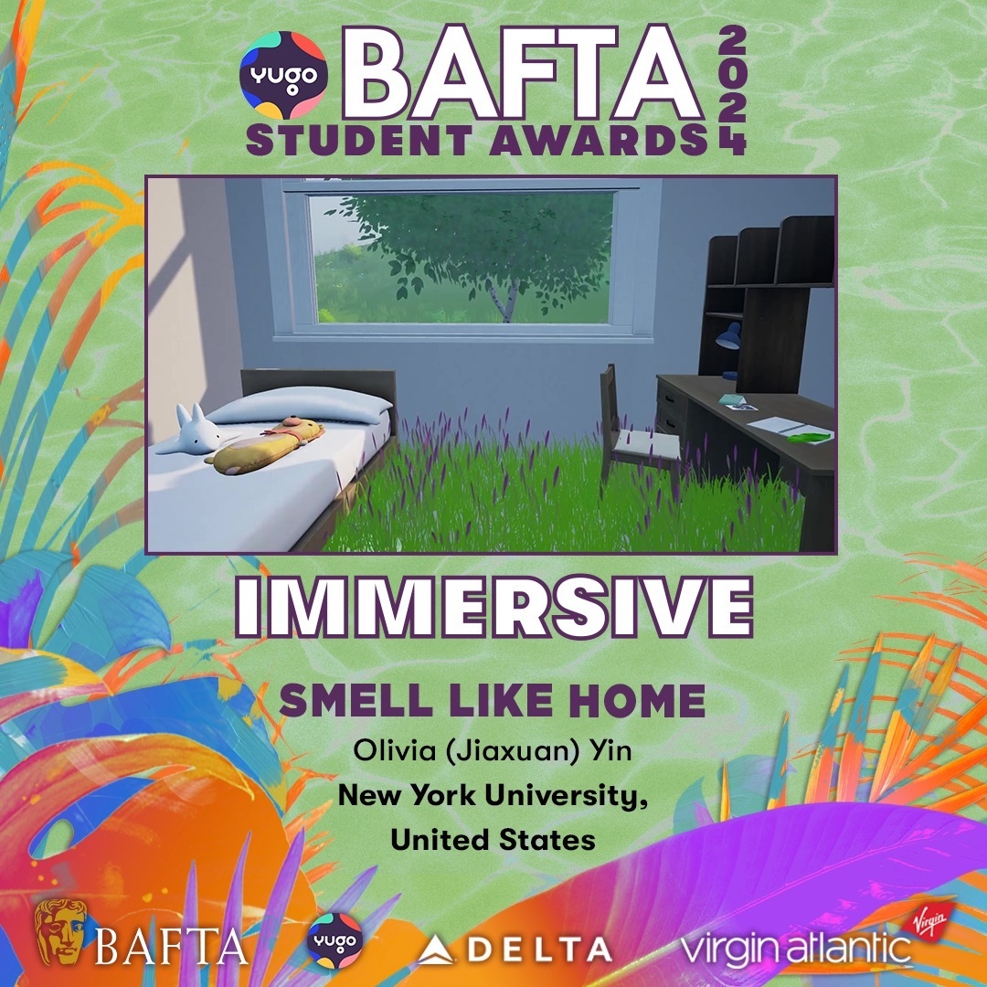 2024 Yugo BAFTA Student Award for Immersive, awarded to Olivia (Jiaxuan) Yin for her project 'Smell Like Home.' The image features a virtual reality scene of a bedroom with a bed, desk, and a window overlooking a tree, with the floor covered in green grass. Logos of BAFTA, Yugo, Delta, and Virgin Atlantic are at the bottom
