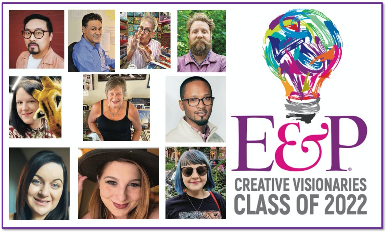 Headshots of E&P's Creative Visionaries Class of 2022 and Logo