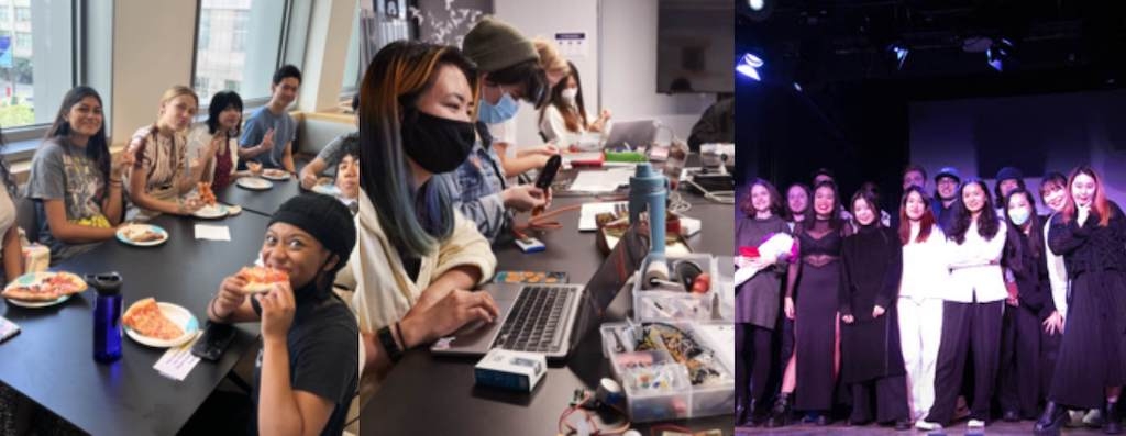 Left To Right: IMA Students at the Pizza Mixer; NIME Class Final Performance; ITP Students in Class