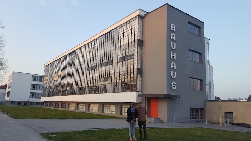 Mathura and Davíd standing outside the Bauhaus