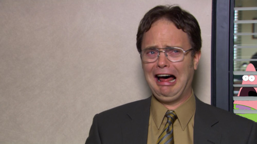 Dwight from the Office and Patrick from Spongebob looking scared