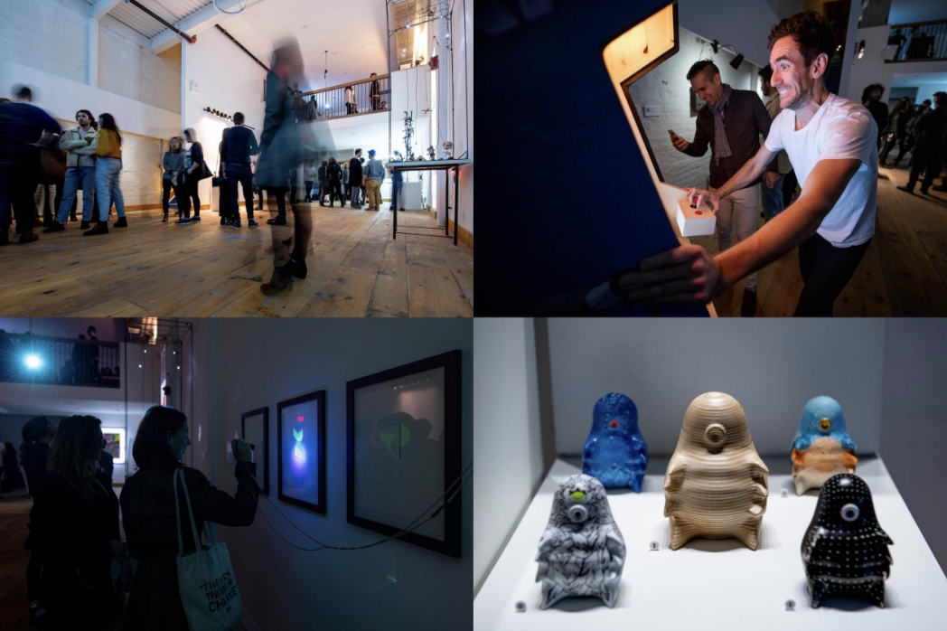 Different images from around the show depicting people interacting with various light sculptures, arcade games, and miniature sculptures.