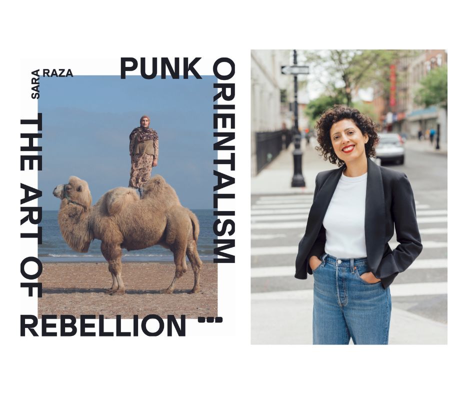 Left: Cover of 'Punk Orientalism', a woman standing on a camel, Left: Portrait of Sara Raza