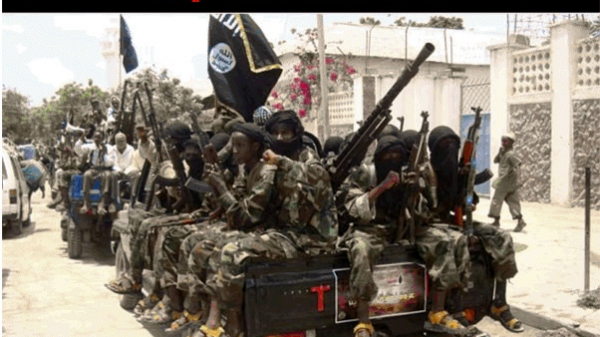 Armed soldiers on trucks