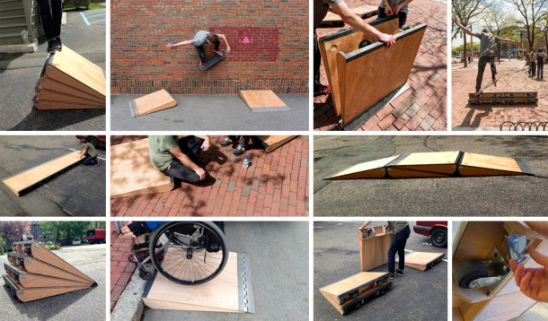 Wooden wedge shaped ramps used for skateboarding and wheelchair accessibility