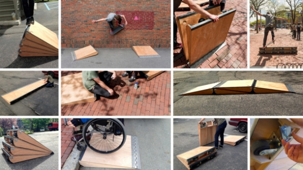 Wooden wedge shaped ramps used for skateboarding and wheelchair accessibility