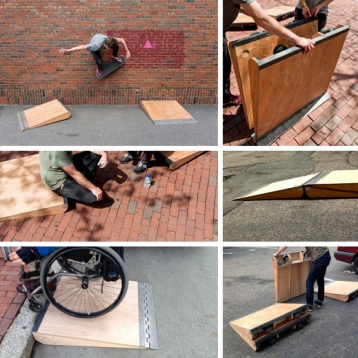 Wooden wedge shaped ramps used for skateboarding and wheelchair accessibility