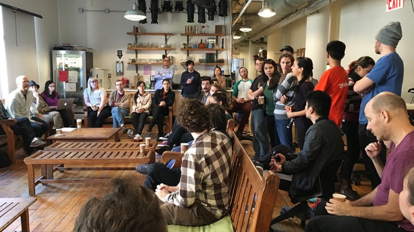 ITP Students in Town Hall discussion in the ITP Lounge