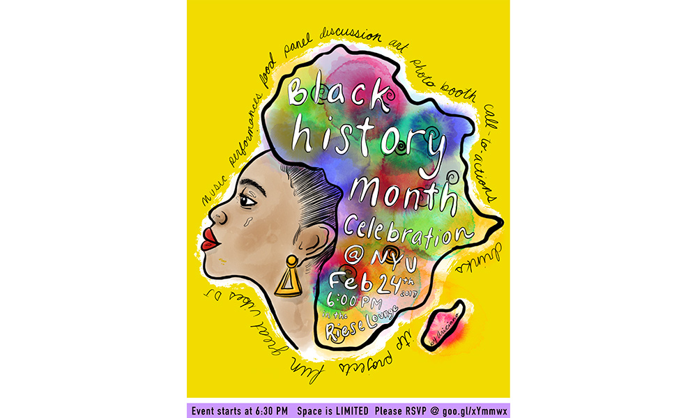 Drawing of a black woman whose hair is in the shape of the African continent with words that read Black History Month Celebration