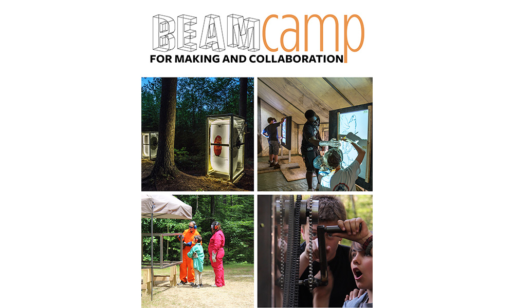 Beam camp logo and 4 images of campers