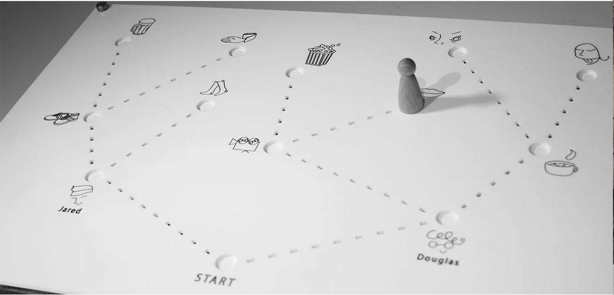 a game with a peg and drawings connected by dotted lines