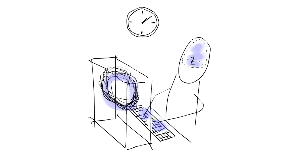 a drawing of a person at a computer with a clock
