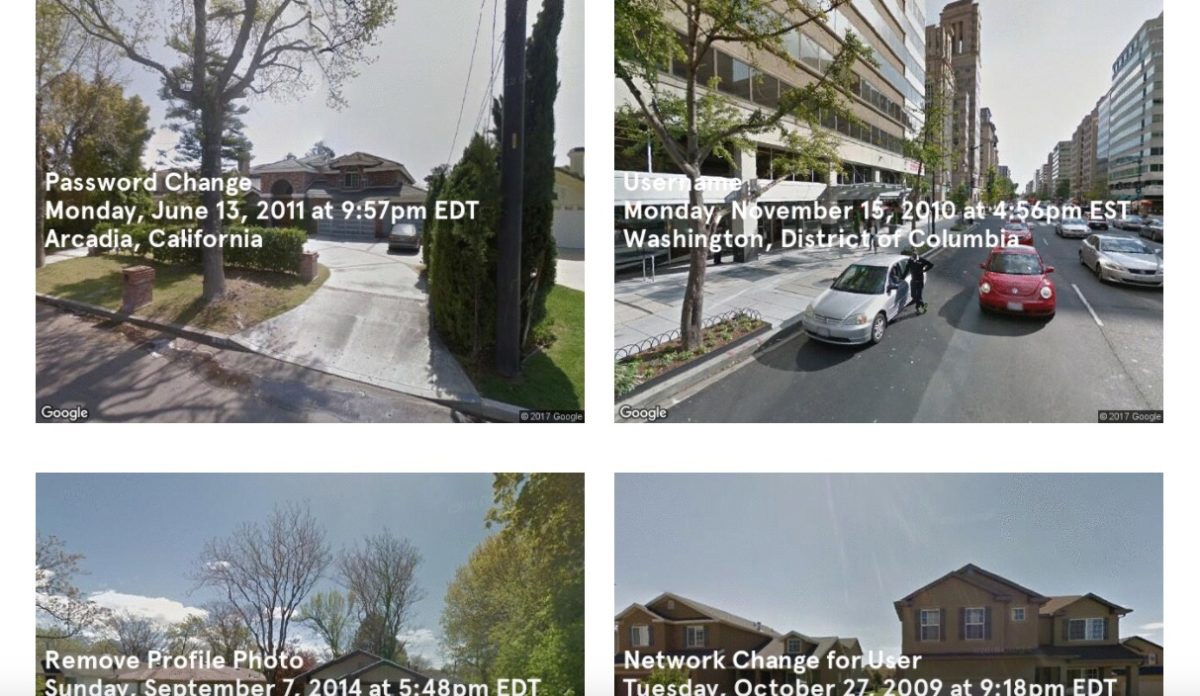 4 images from a security camera shows driveways, cars on a street, houses