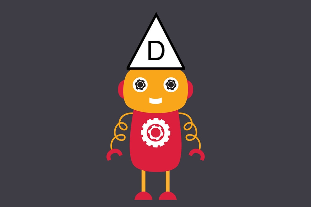 Artwork of a robot with a dunce cap and swirly arms