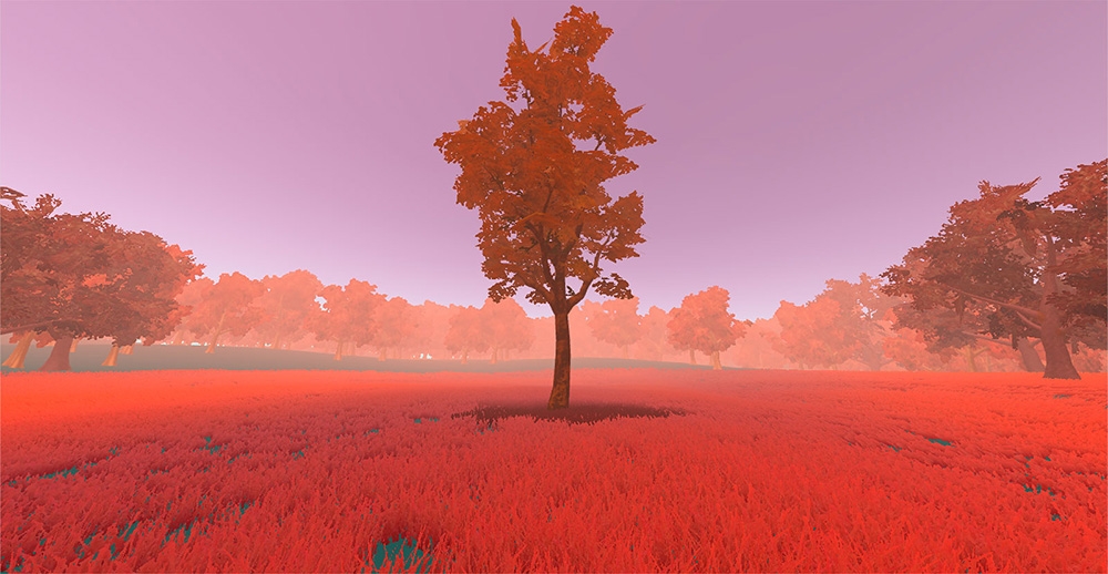 a digitally enhanced open field with a solitary tree in the middle