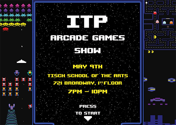 a poster of vintage arcade games with chunky pixelated graphics