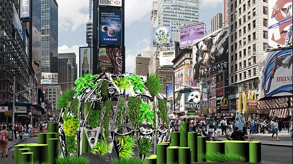 Photoshopped image of a garden within Times Square