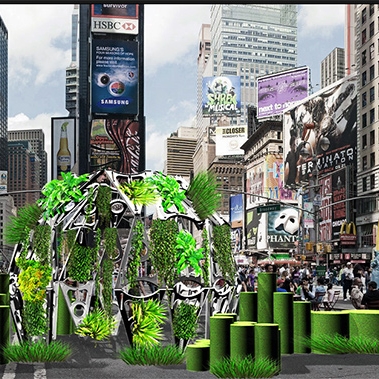 Photoshopped image of a garden within Times Square