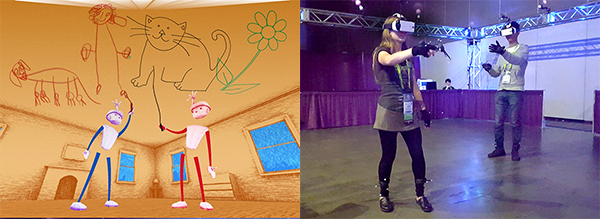 Side by side photos of a woman using VR equipment and the dreamlike scene she's seeing