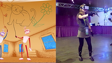 Side by side photos of a woman using VR equipment and the dreamlike scene she's seeing