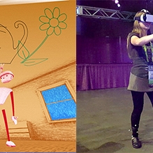 Side by side photos of a woman using VR equipment and the dreamlike scene she's seeing