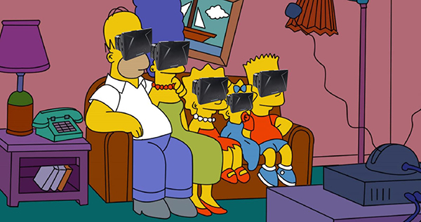 a photoshopped image of the Simpsons on the couch wearing VR headsets