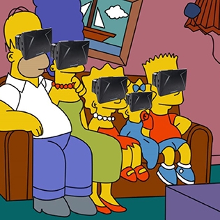 a photoshopped image of the Simpsons on the couch wearing VR headsets