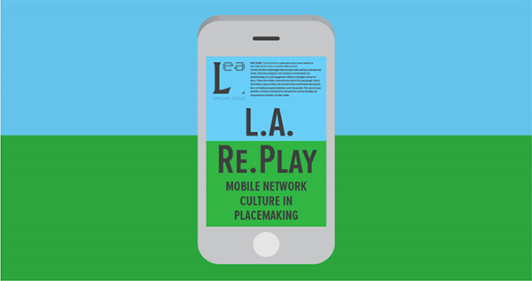 Logo for Electronic Almanac that shows a cartoon iPhone with the words L.A. Re.Play, Mobile Network Culture in Placemaking