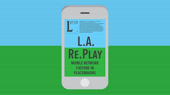 Logo for Electronic Almanac that shows a cartoon iPhone with the words L.A. Re.Play, Mobile Network Culture in Placemaking