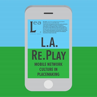 Logo for Electronic Almanac that shows a cartoon iPhone with the words L.A. Re.Play, Mobile Network Culture in Placemaking