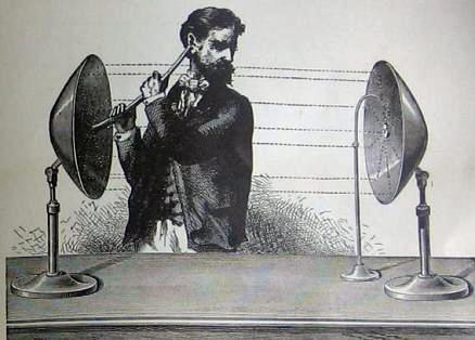 19th century drawing of a man using hearing equipment