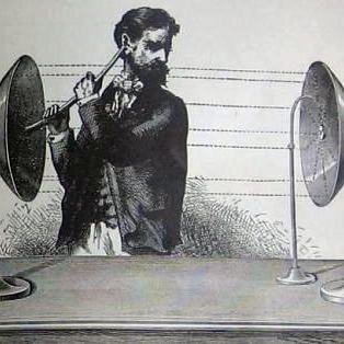 19th century drawing of a man using hearing equipment