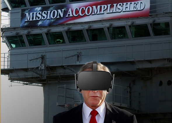 A digitally enhanced picture of President George Bush wearing VR glasses with Mission Accomplished banner in the background
