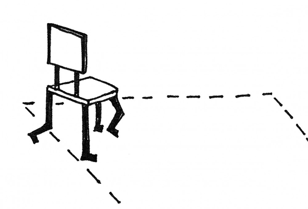 A crude drawing of a chair with walking legs