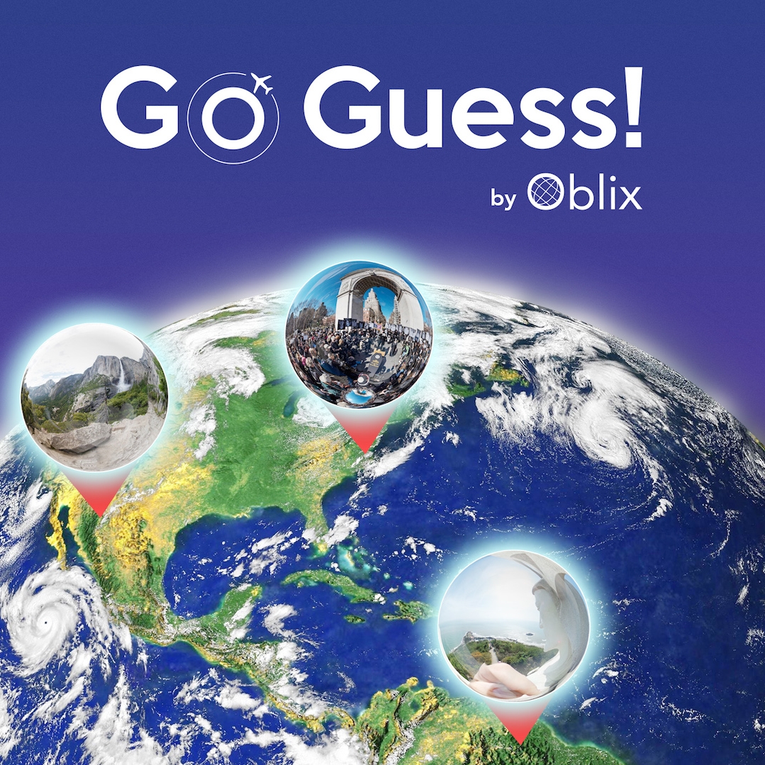 Go Guess! by Oblix logo; picture of the earth with little bubbles showing specific, zoomed-in geographic areas