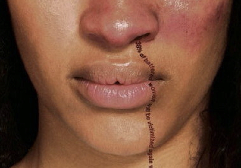 Diana Freed, image of a woman with a nosebleed of words