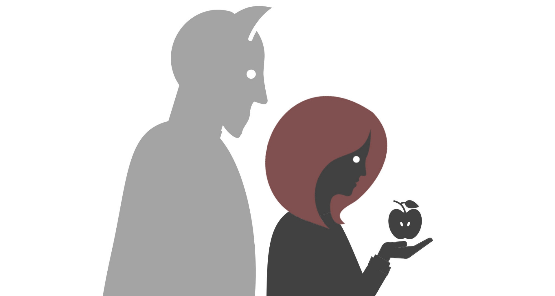 Image of a devil standing behind a woman who is looking at the apple she is holding