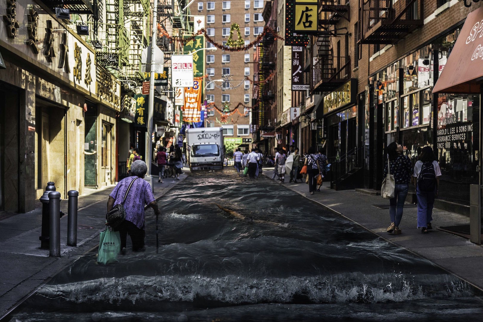 Impossible Landscapes Series by Juan Jose Egusquiza. Women walks in Chinatown amidst flooding streets.